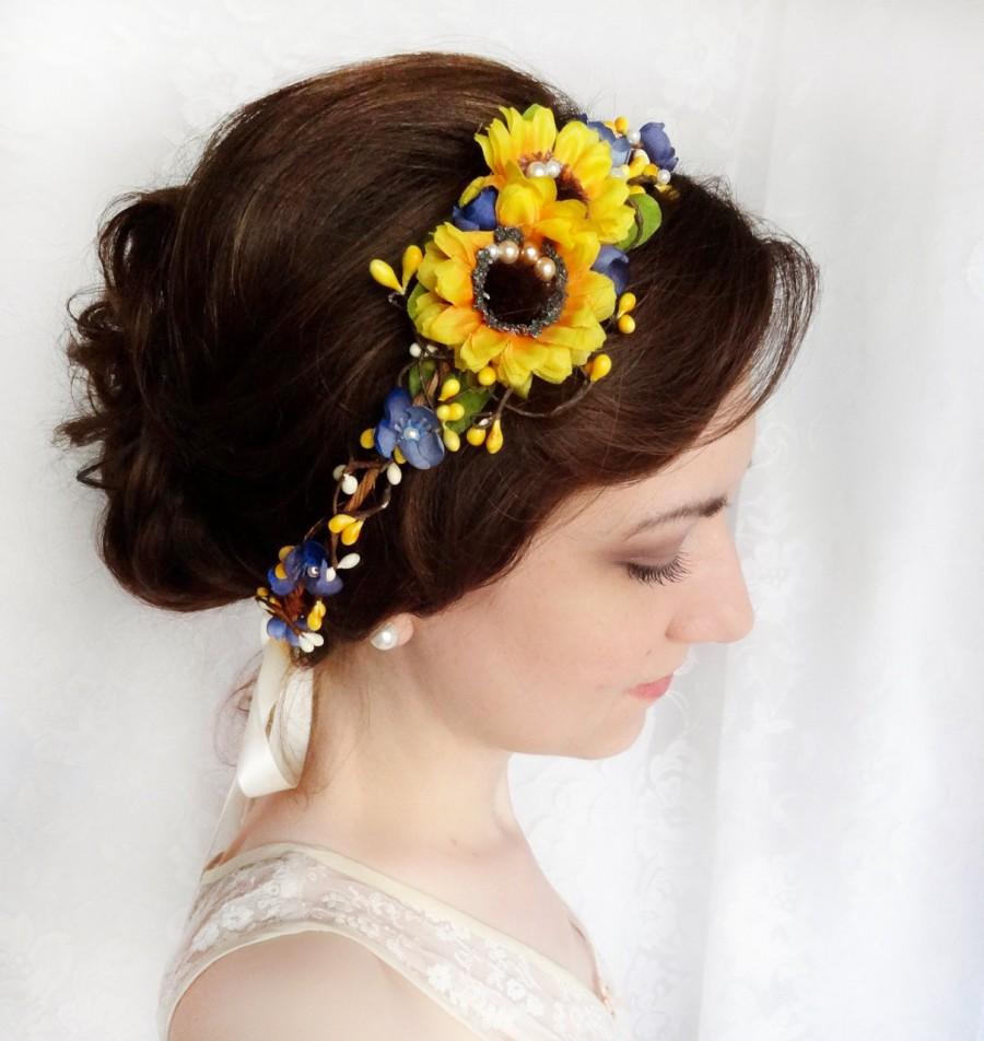 Wedding - sunflower crown, sunflower wedding, sunflower headband, yellow flower crown, rustic flower crown, yellow and blue flower crown, gold pearls