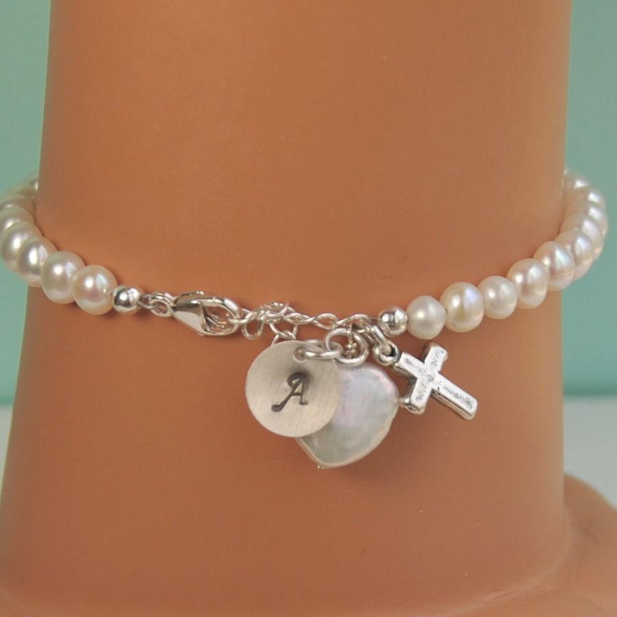 Hochzeit - Girl First Communion Gift, Bracelet with Cross, Heart Pearl, Personalized Pearl Bracelet, Flower Girl Bracelet, Sterling Silver, SIZE MEDIUM