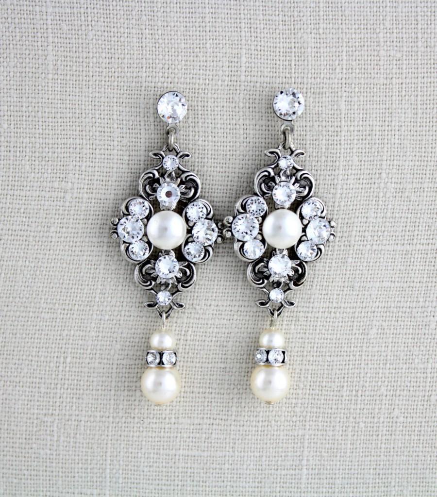 Hochzeit - Pearl Bridal earrings, Crystal Wedding earrings, Bridal jewelry, Wedding jewelry, Vintage style earrings, Chandelier earrings, ASHLYN