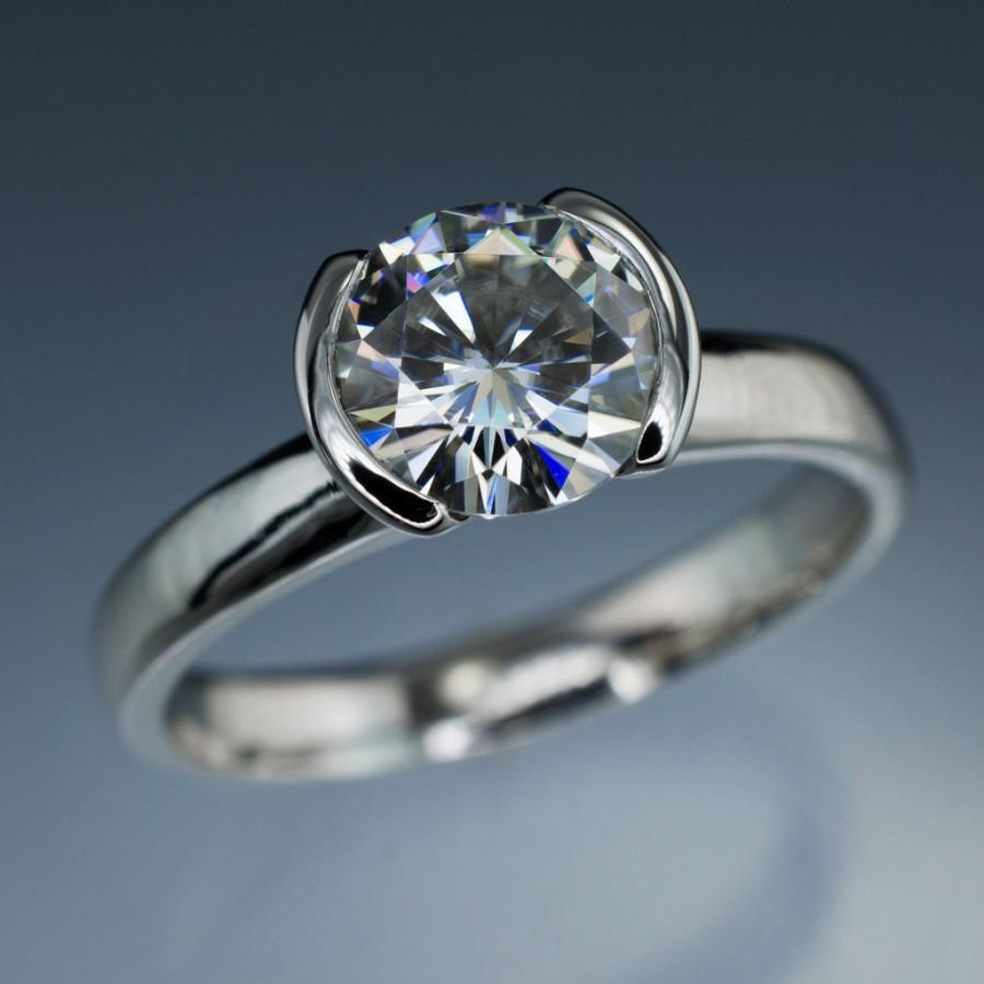 Wedding - Large Forever One or Supernova Moissanite Round Half Bezel Classic Solitaire Palladium Engagement Ring , Simple Moissanite Engagement Ring,