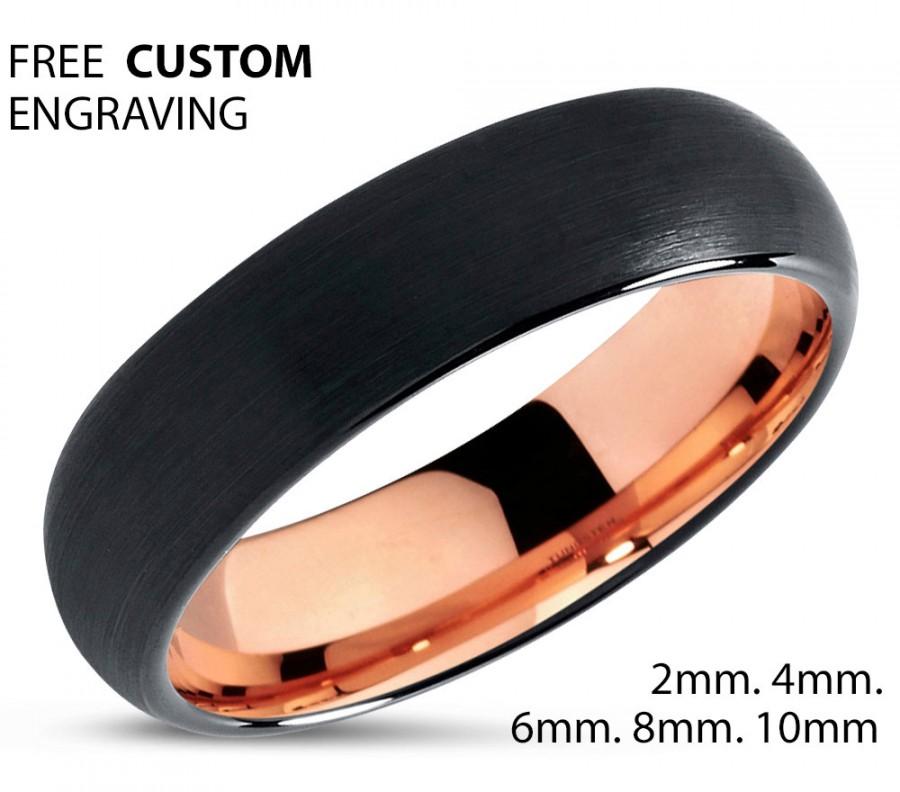 Hochzeit - Black Tungsten Ring Rose Gold Wedding Band Ring Tungsten Carbide 6mm 18K Tungsten Ring Man Wedding Band Male Women Anniversary Matching
