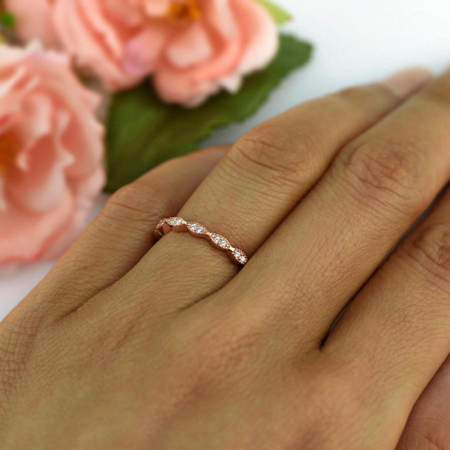 زفاف - Art Deco Wedding Ring, Delicate Band, Stacking Ring, Engagement Ring, Round Man Made Diamond Simulants, Sterling Silver, Rose Gold Plated