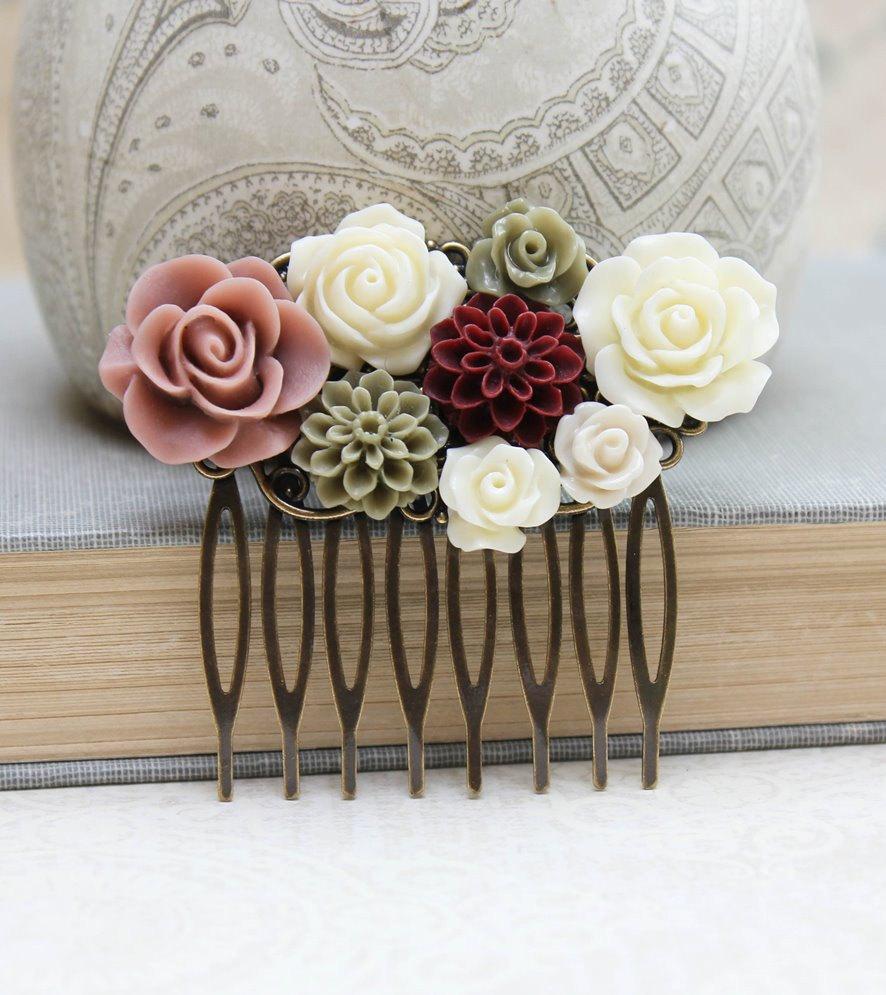 Hochzeit - Bridal Hair Comb Dark Wine Red and Khanki Green Wedding Romantic Hair Accessories Floral Collage Comb Burgundy Country Chic Bridesmaids Gift