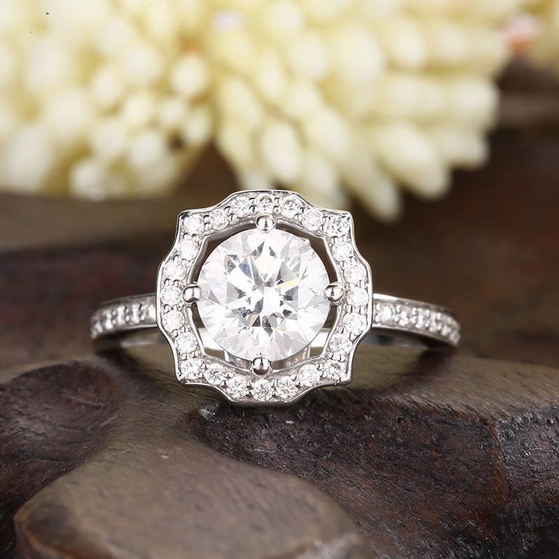 زفاف - 1CT Moissanite engagement ring bridal set Halo Solitaire Dainty White Gold Half eternity diamond ring Promise Anniversary Mothers day gift