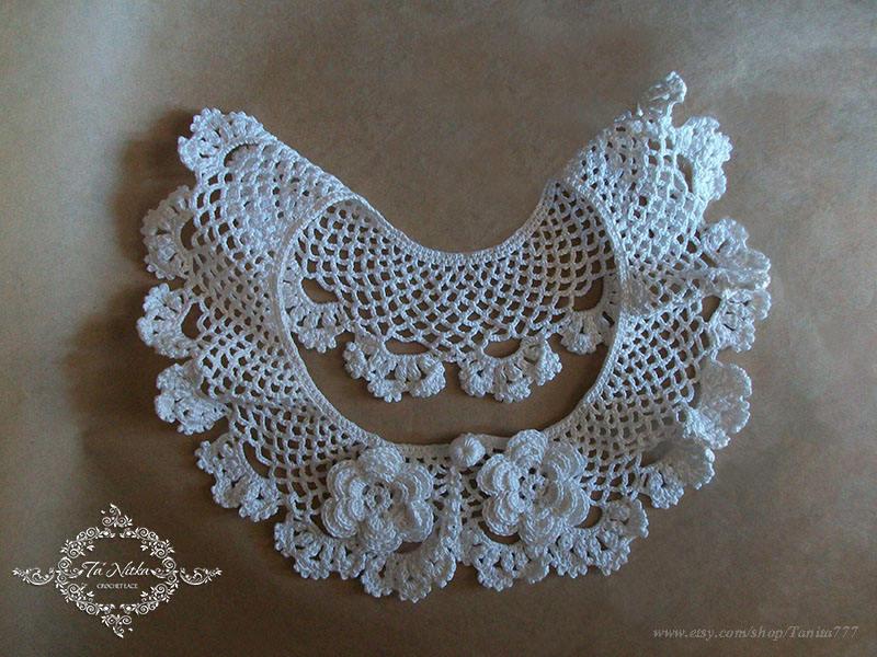 Wedding - Lace collar crocheted with flowers. Openwork white collar in a romantic style. Dress accessories. - $25.00 USD