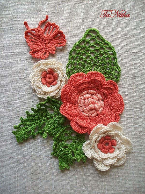 Wedding - Knitted flowers with butterfly. Crochet applique. Irish lace. Finishing of clothes. Handmade lace. Home decor. - $17.00 USD