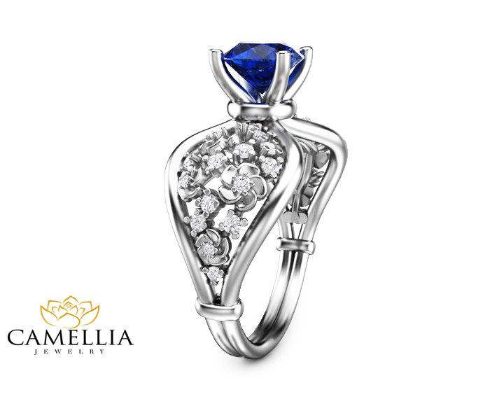 زفاف - Blue Sapphire Engagement Ring 14K White Gold Floral Ring Natural Sapphire Ring Unique Engagement Ring