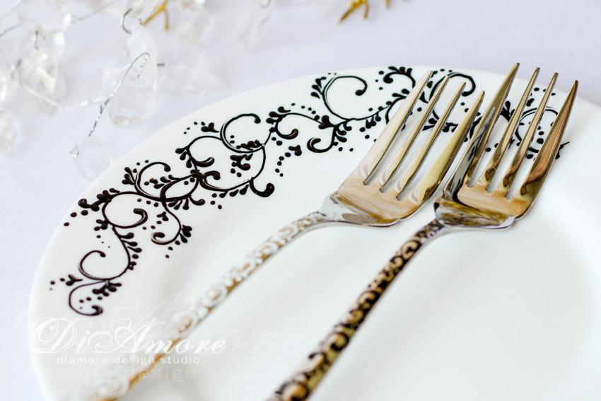 زفاف - Wedding supplies, black & white, set from the collection of the lace wedding, fork and saucer, personalized table setting, classicwedding