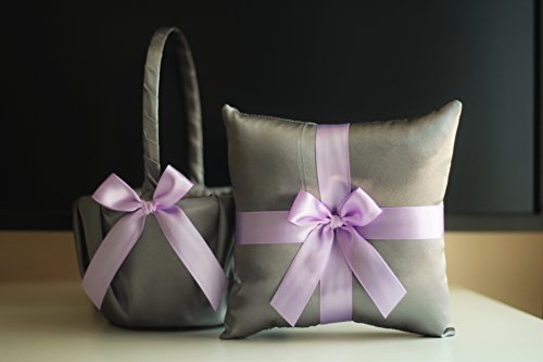 زفاف - Violet Wedding Basket   Gray Ring Bearer Pillow  Gray Purple Flower girl basket  Wedding Ring Holder  Lilac Wedding Bearer basket set