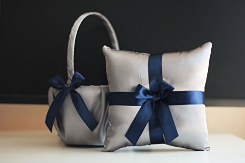 زفاف - Gray Navy Blue Flower Girl Basket with Ring Bearer Pillow Set / Anchor Wedding Basket / Anchor Wedding Pillow / Anchor Wedding Bearer