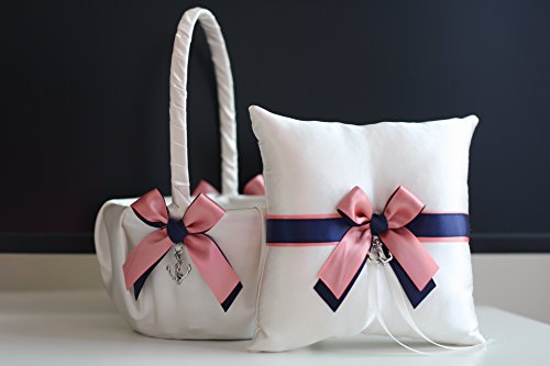 Mariage - Anchor Navy Coral Flower Girl Basket with Ring Bearer Pillow Set / Anchor Wedding Basket / Anchor Wedding Pillow / Anchor Wedding Bearer