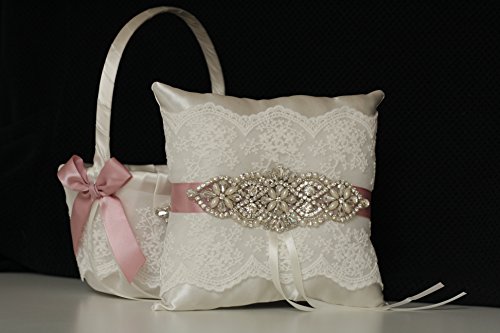 Mariage - Mauve Flower Girl Basket and Ring Bearer Pillow  Blush pink bearer  Mauve Wedding Basket  Mauve Ring Pillow  Mauve Bridal Sash Belt