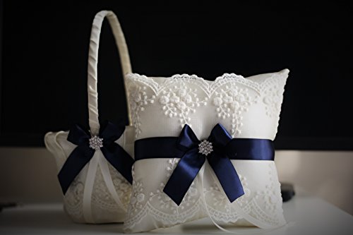 Mariage - Blue Wedding Basket   Navy Bearer Pillows   Guest Book with Pen   Bridal Garter Set  Lace Ring Bearer Pillow   Flower Girl Basket Set