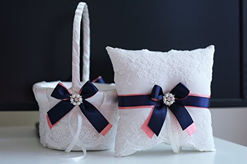 Mariage - Coral Navy Wedding Basket   Ring Bearer Pillow  Navy Blue and Coral Wedding Pillow, Flower Girl Basket  Lace Bearer  Coral Wedding Basket