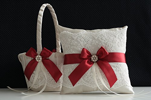 Mariage - Champagne Scarlet Red Ring Bearer Pillow  Champagne Scarlet Red Flower Girl Basket  Champagne Scarlet Red Wedding Basket Pillow Set  Champagne Scarlet Red Wedding Pillow