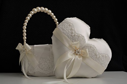 Hochzeit - Ivory Flower Girl Basket   Heart Ring Bearer  Pearl Handle Basket  Ivory Wedding Basket, Heart Ring Pillow, Lace Wedding Basket Pillow Set