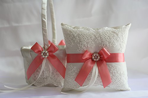 Wedding - Coral Wedding Pillow Basket Set  Coral Lace Ring Pillow   Flower Girl Basket Set  Ivory Coral Wedding Basket   Ring bearer Pillow