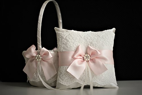 Mariage - Pink Flower Girl Basket  Pink Ring Bearer Pillow  Pink Wedding Basket  Pink Wedding Pillow Basket Set Blush pink Wedding  Lace bearer