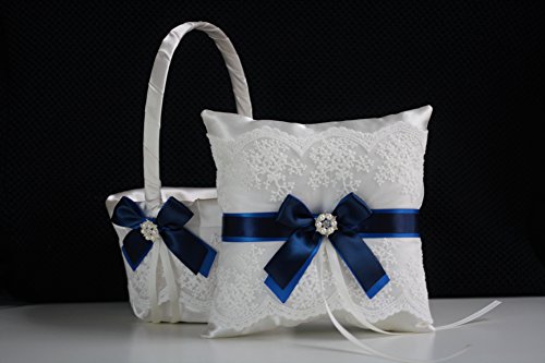 Hochzeit - Royal Navy Wedding Basket  Royal Navy Bearer Pillow  Blue Flower Girl Basket  Blue Wedding Pillow Basket Set  Royal Navy Basket