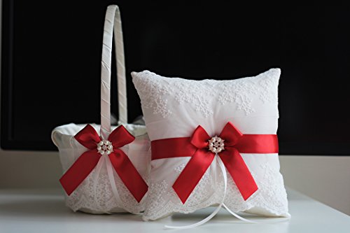 Wedding - Red Ring Bearer Pillow  Red Flower Girl Basket  Wedding Ring Holder  Red Wedding Basket Pillow Set  Red Wedding Pillow  Red Ring Pillow