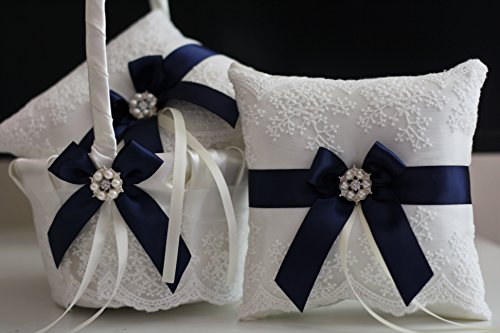 Hochzeit - Navy Blue Flower Girl Baskets   Navy Blue Wedding Pillow  Navy Wedding Baskets  Navy Ring Bearer Pillow with Lace  Lace Petals Baskets