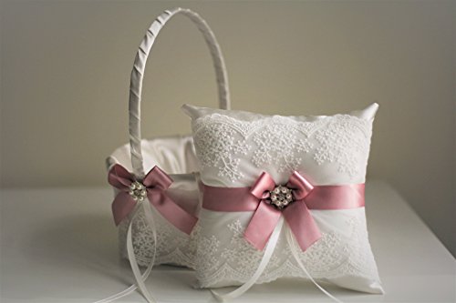 Mariage - Mauve Wedding Flower Girl Basket   Ring Bearer Pillow  Lace Wedding Pillow Holder   Petals Wedding Basket Set with mauve bows