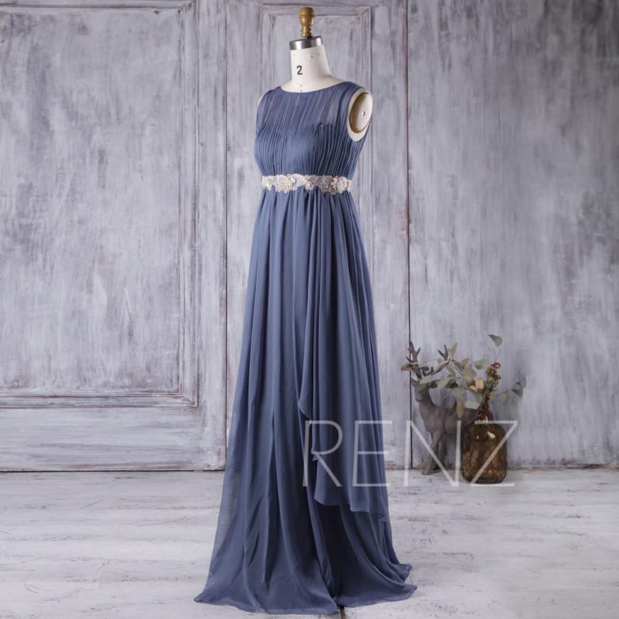 Hochzeit - 2017 Steel Blue Chiffon Boho Bridesmaid Dress, Scoop Neck Wedding Dress with Lace Belt, Illusion Prom Dress Empire Waist Floor Length (H236)