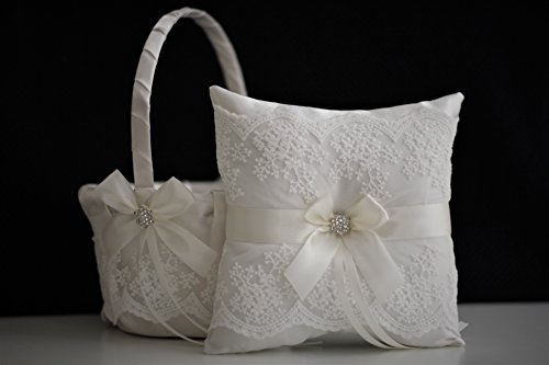 Wedding - Antique White Wedding Flower Girl Basket   Off White bearer Pillow, Off White Bridal Garter Set, Lace Wedding Garters with Brooch, Lace Wedding Basket