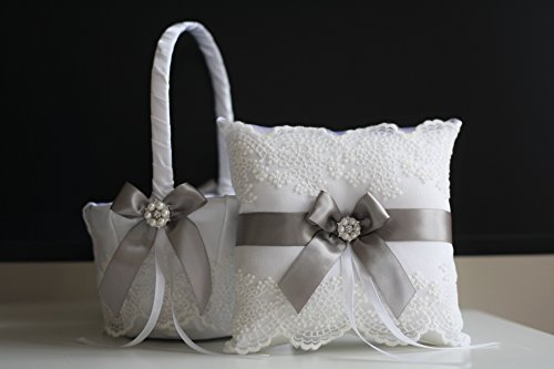 زفاف - Gray Bearer Pillow & Lace Wedding Basket, Off-White Gray Wedding Flower Girl Basket   Ring Bearer Pillow, Gray Lace Bearer Pillow Basket Set