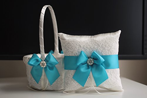 Mariage - Turquoise Flower Girl Basket   Ring Bearer Pillow   2 Bridal Garters Set  Sky Blue Ring Bearer   Wedding Basket Set   Blue Wedding Garters