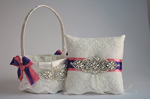 Свадьба - Wedding Flower girl basket and ring bearer pillow set Coral and Purple with rhinestones   wedding Bridal sash belt   Coral Bridal Garter Set