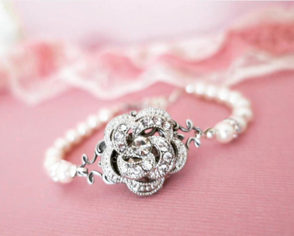 Mariage - Pearl and Rhinestone Bracelet Swarovski Pearl Bridal Bracelet Vintage Style Crystal Flower Wedding Bracelet Bridal Accessories Ivory Pearl - $34.00 USD