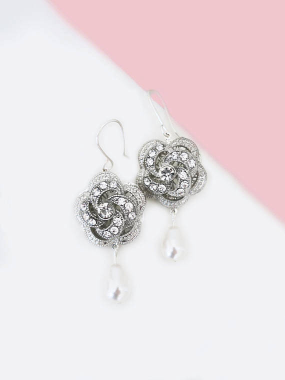 Mariage - Wedding Earrings Pearl Crystal Earrings Bridesmaid Jewelry Drop Pearl Earrings Bridal Statement Earrings Bridal Party Gifts Crystal - $30.00 USD