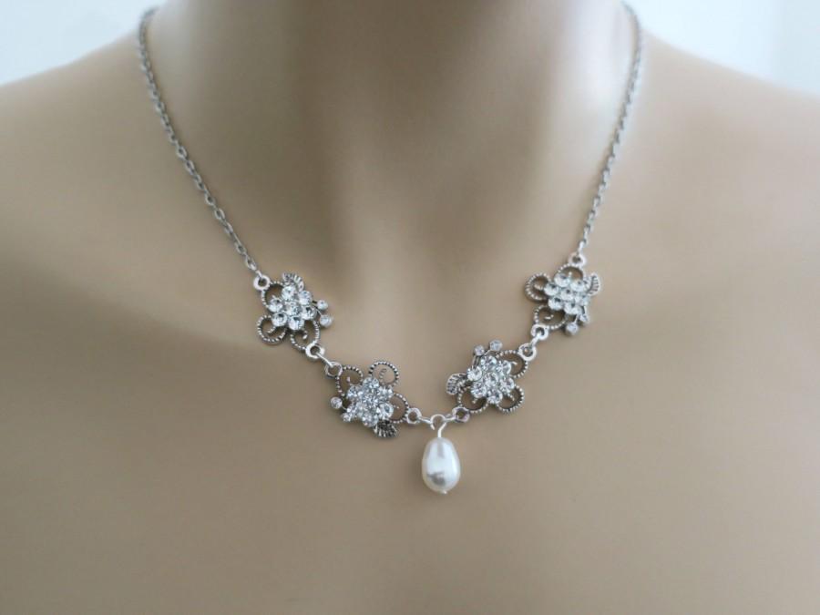 زفاف - Crystal Flower Bridesmaid Necklace with Swarovski Pearl Drop Antique Silver Jewelry Bridesmaid Set of 5 6 Wedding Jewelry for Bridesmaids - $26.00 USD