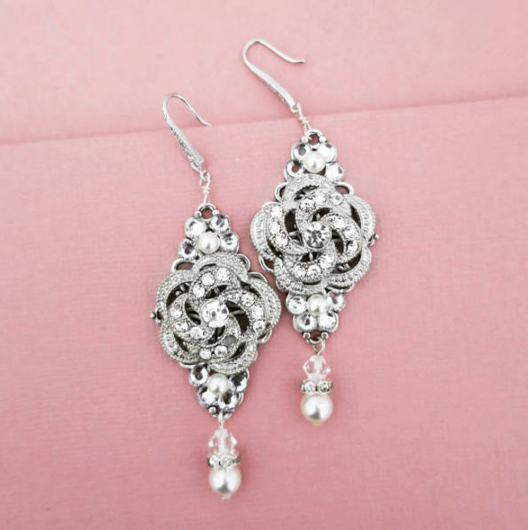 Mariage - Statement Bridal Earrings Crystal Wedding Earrings Bridal Jewelry Pearl and Rhinestone Earrings Wedding Jewelry for Brides Chandelier Rose - $53.00 USD