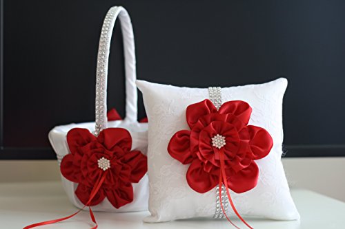 زفاف - White Red Bearer Basket Set  Red Flower Girl Basket  Red wedding Pillow, Red Ring bearer Pillow, Red Pillow Basket Set, Red Petals Basket