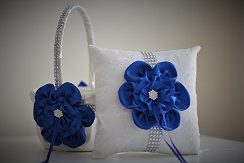 Wedding - White Royal Blue Ring Bearer Pillow  White Royal Blue Flower Girl Basket  White Royal Blue Wedding Basket Pillow Set  Royal Blue Wedding Pillow