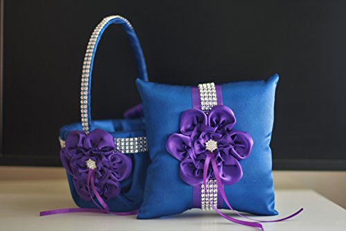 Свадьба - Plum Flower Girl Basket  Blue Ring Bearer Pillow  Plum Blue Wedding Basket Pillow Set, Plum Blue Bearer, Plum Wedding Pillow  Plum Bearer