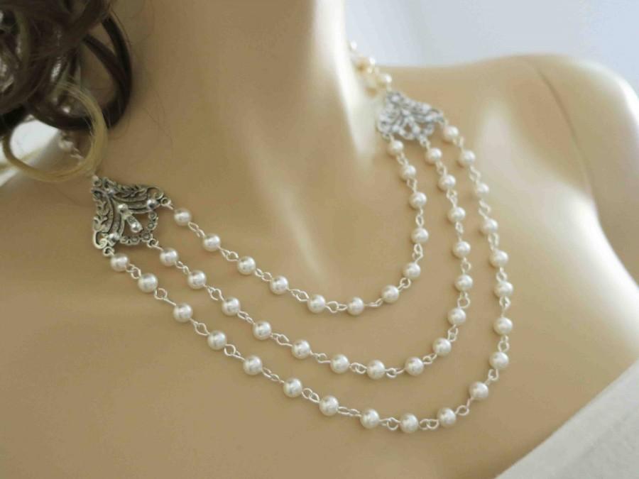 Wedding - Bridal Statement Necklace Ivory Pearl Wedding Necklace Bridal Jewelry Vintage Back Drop Bridal Necklace Swarovski Pearl Drop Crystal - $90.00 USD