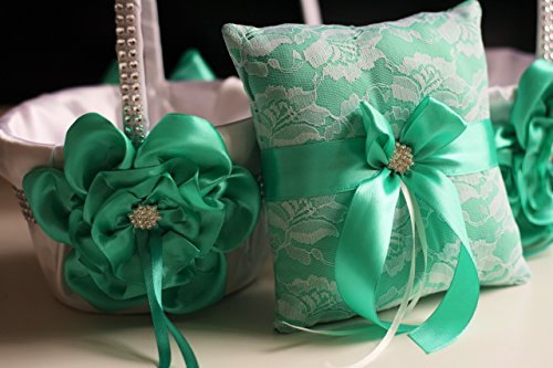 Hochzeit - Mint Wedding Pillow Basket Set  White Mint Bearer Pillow   Flower Girl Basket  Mint Wedding Basket   Lace Ring bearer Pillow