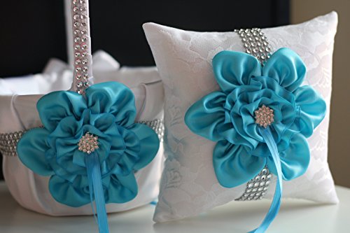 Mariage - Turquoise Flower Girl Basket  Turquoise Ring Pillow  White Sky Blue Bearer Pillow  Turquoise Wedding Basket Pillow Set  Sky Blue Basket
