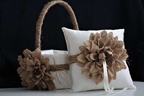 زفاف - Rustic Ivory Brown Burlap Wedding Flower Girl Basket and Ring Bearer Pillow Set