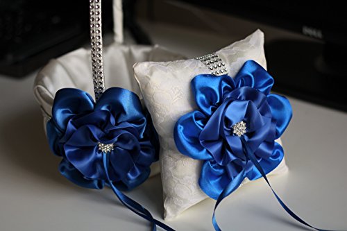 زفاف - Ivory Royal Blue Wedding Baske and Ring Pillow  Blue Wedding Accessories Set  Basket Pillow Set  Cobalt Royal Blue Flower Girl Basket Bearer Pillow