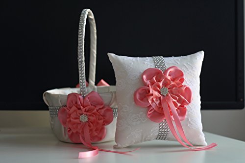 زفاف - Off White Coral Flower Girl Basket  Coral Ring Pillow  Off White Coral Bearer Pillow  Coral Wedding Basket Pillow Set  Coral Basket