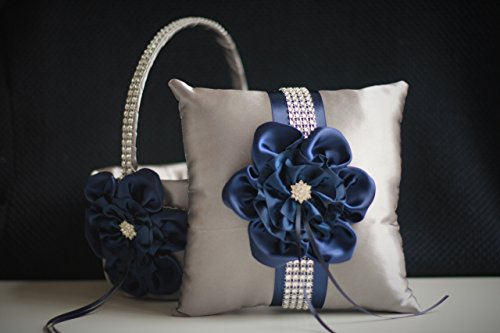 Hochzeit - Gray Navy Wedding Basket   Navy Ring Bearer Pillow  Navy Flower Girl Basket   Gray Navy Bearer  Navy Wedding Pillow  Navy Blue Basket