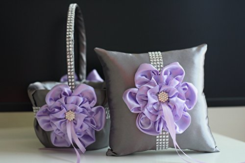 Hochzeit - Lavender Flower Girl Basket  Lilac Ring bearer Pillow  Lavender Ring Pillow Basket Set  Lilac Gray Wedding Basket  Gray Wedding Pillow