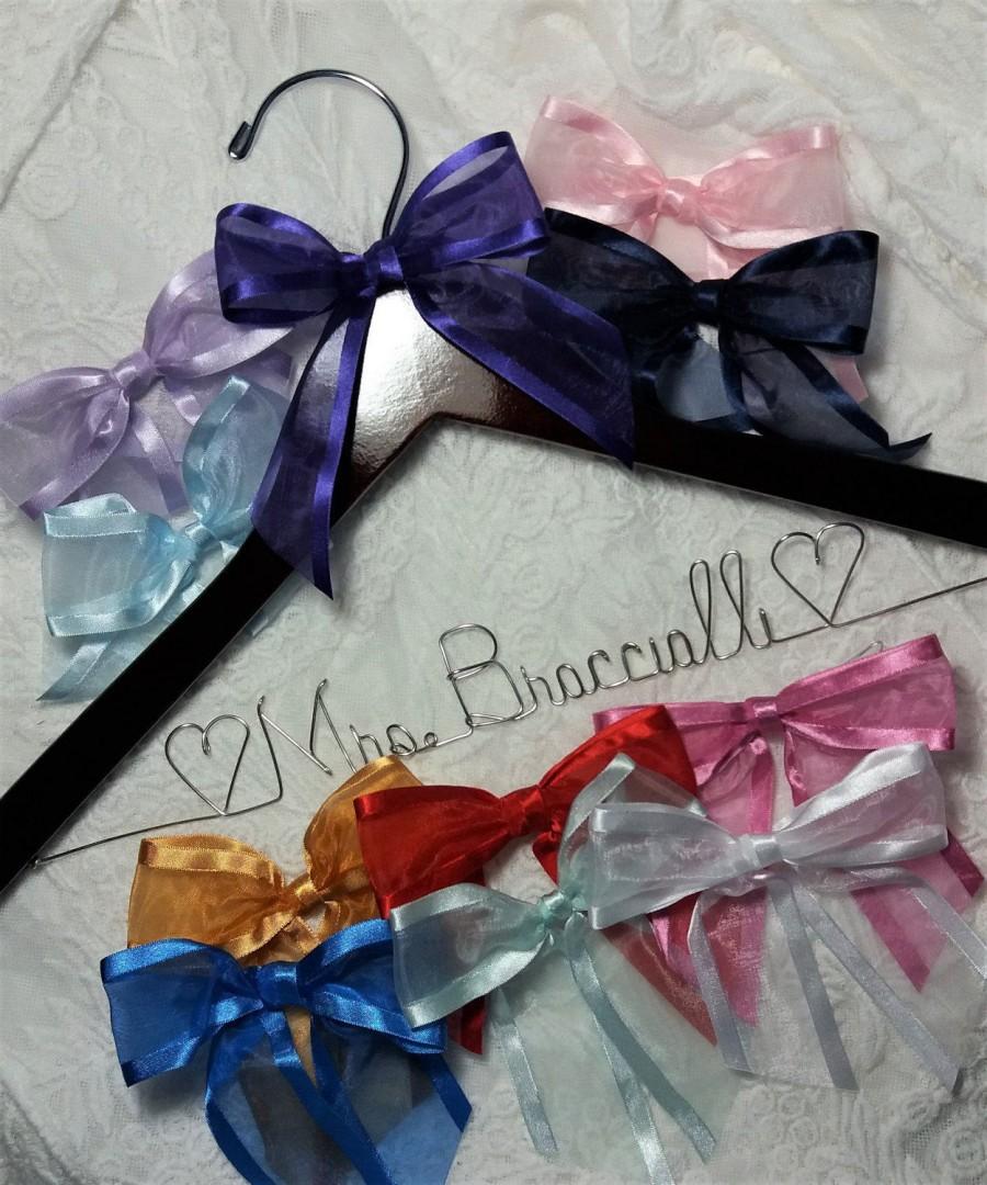 Mariage - Bride Wedding Dress Hanger FREE SHIPPING choice of 12 bow colors Dark Wood Bridal Party Bridesmaid  gifts Silver Wire USA made and shipped