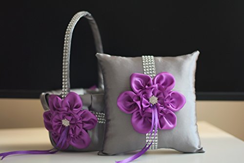 زفاف - Purple Flower Girl Basket  Gray Ring Bearer Pillow  Purple Gray Wedding Basket  Gray wedding pillow basket set  Purple Wedding bearer