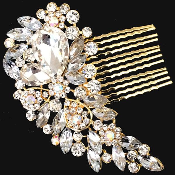 زفاف - Gold Clear Vintage Style Hair Comb Brooch Encrusted Crystals Diamante Hair Clip Slide Fascinator Pin Broach Bridal Bouquet Wedding Accessory
