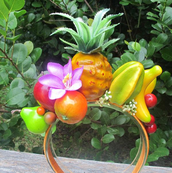 Hochzeit - Tropical Fruits and purple flowers Headband - Carmen Miranda style -